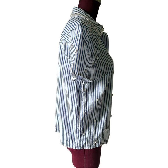 Talbots EMBELLISHED SHORT SHIRT Blouse size S White Blue DAFFODIL STRIPE Button - Picture 9 of 9